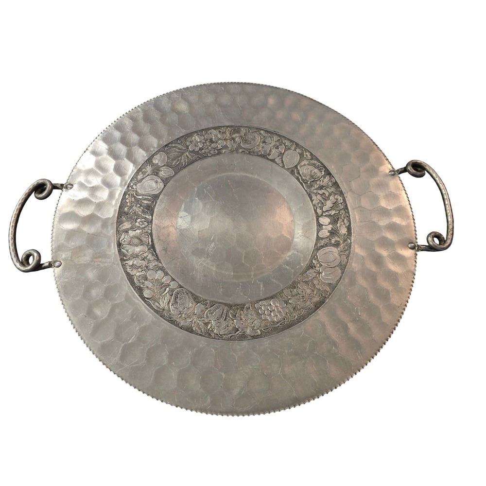 Cromwell Hand‎ Wrought Aluminum Round Tray Hammered Fruit Floral 17 inch Vintage